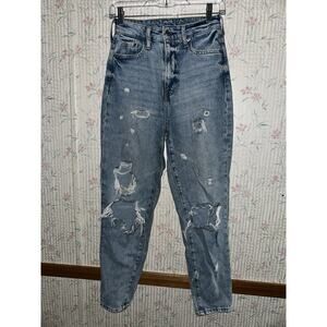 H&M &Denim Womens SIZE 2 Light Wash Mom JEANS Ultra High Waist Distressed EUC